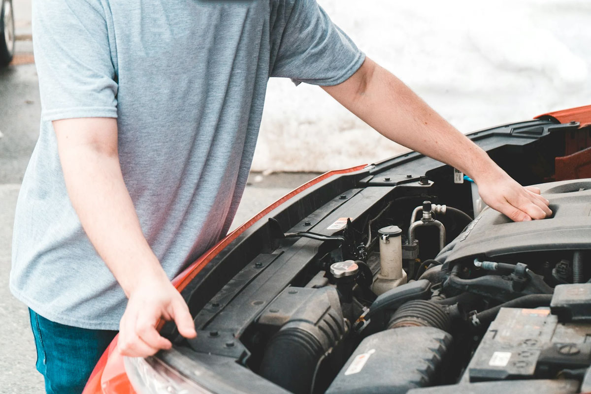 Person inspecting a car engine under the hood.
